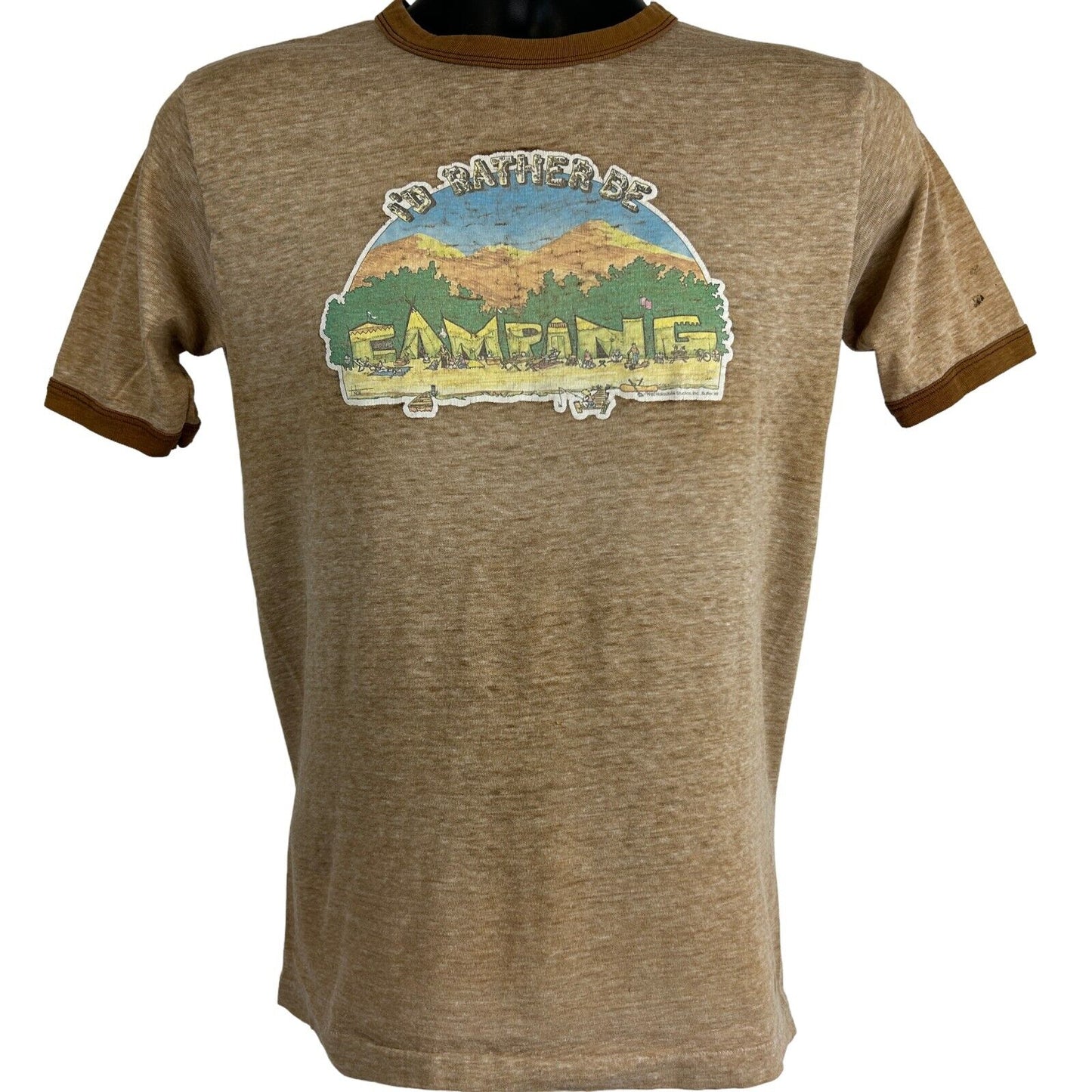 Prefiero estar acampando Vintage 80s Ringer camiseta al aire libre Camper USA hecho pequeño