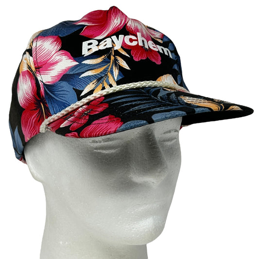 Vintage 80s Raychem Floral Hat Cap Hawaiian Rope Roping Corded Snapback Black