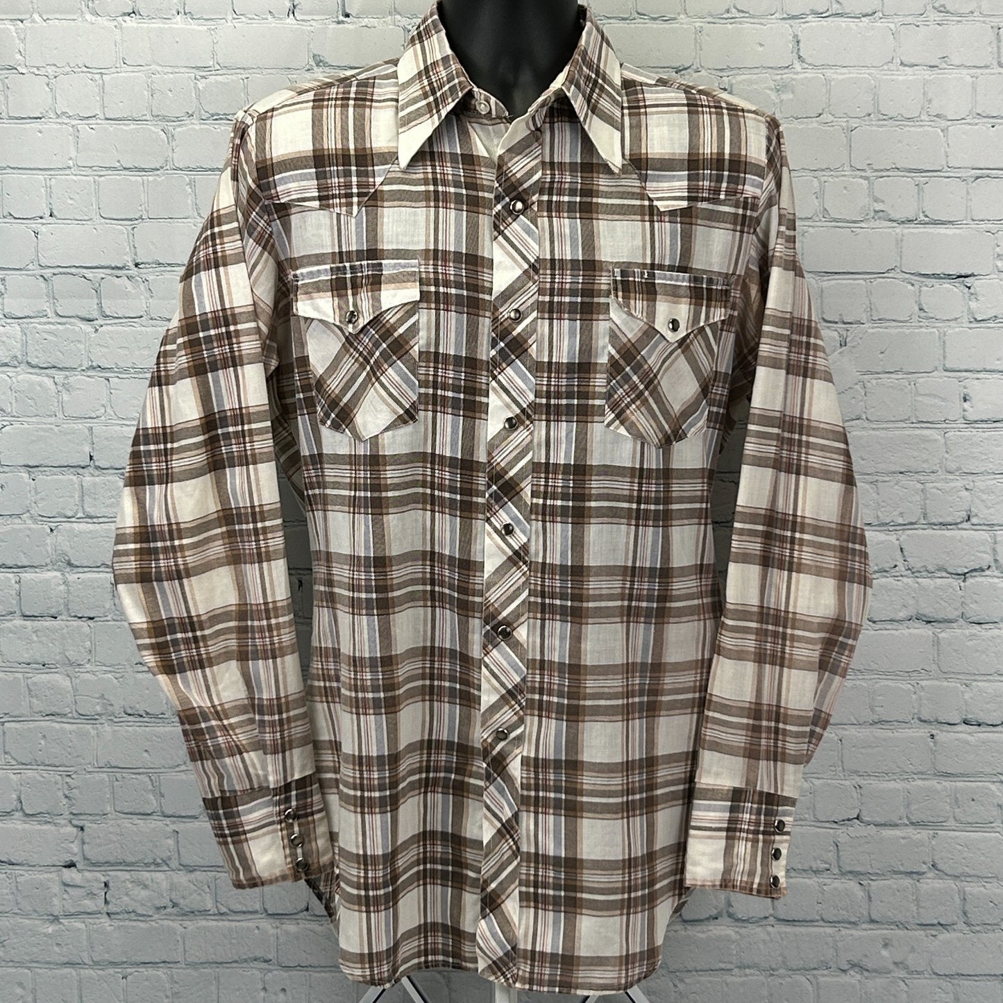 Vintage 70s Sears Western Wear Pearl Snap Button Front Shirt Beige M Medium Tall