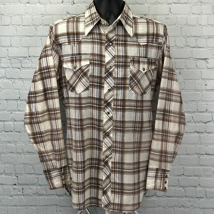 Vintage 70s Sears Western Wear Pearl Snap Button Front Shirt Beige M Medium Tall