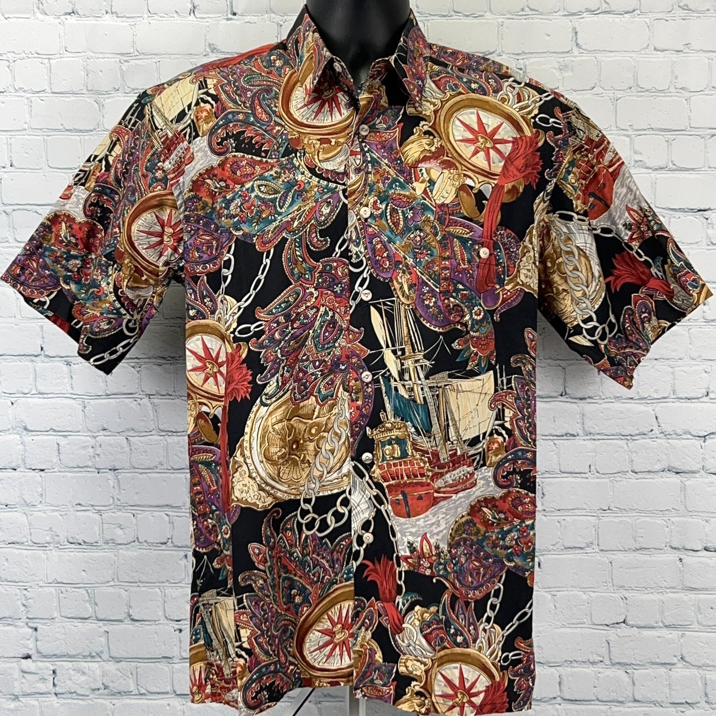 Vintage 90s Pirate Ship Roulette Button Front Shirt Black Burma Bibas S Small