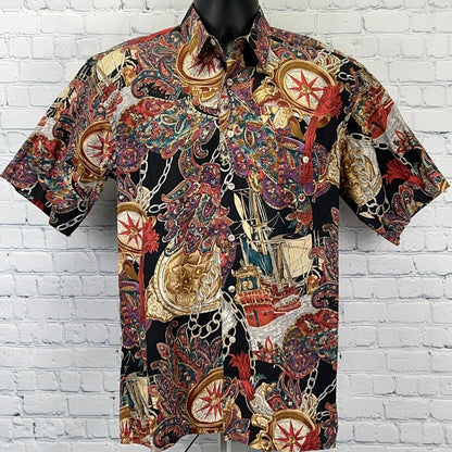 Vintage 90s Pirate Ship Roulette Button Front Shirt Black Burma Bibas S Small