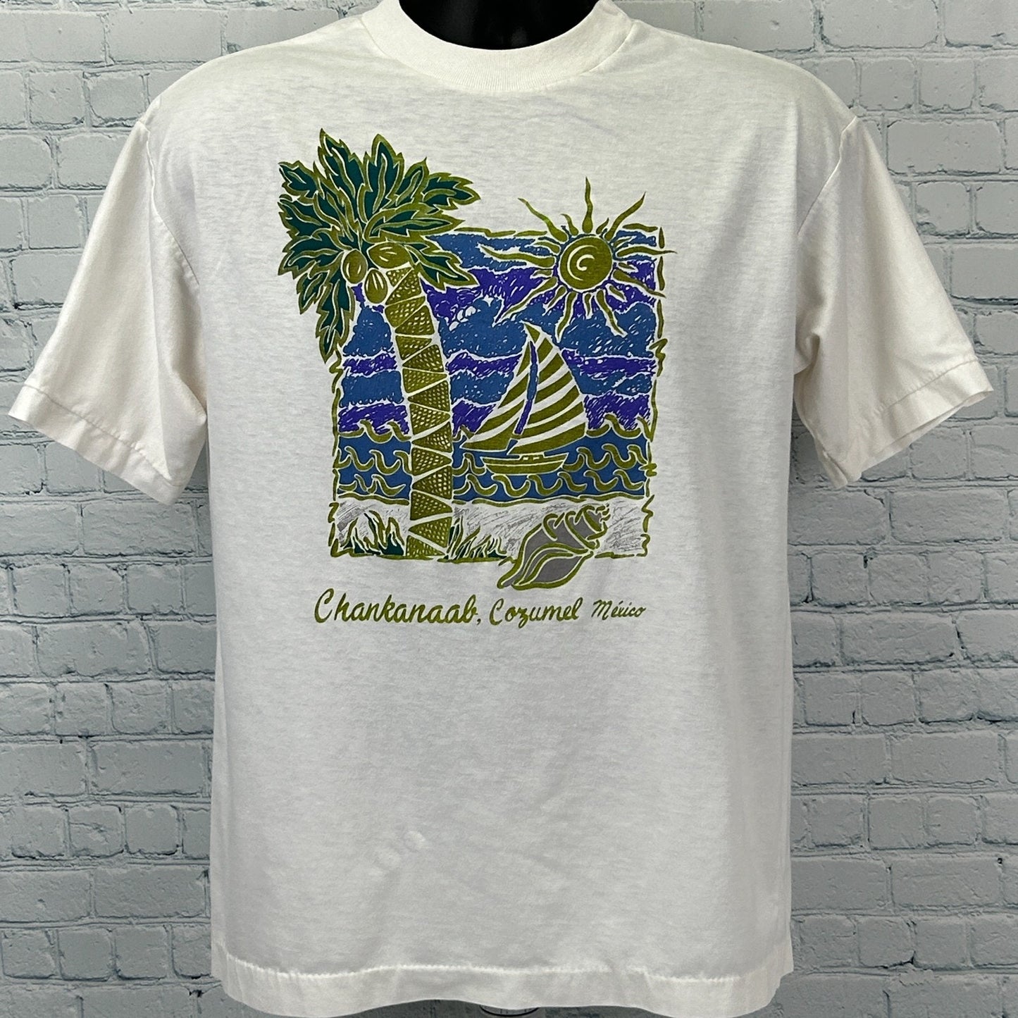 Vintage 80s Chankanaab Cozumel Mexico T Shirt Travel Tourist Tee White M Medium