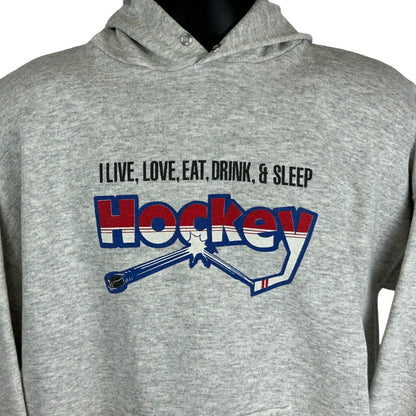 I Live Hockey Vintage 90s Hoodie XXL 2XL Gray Hooded Sweatshirt Made In USA Mens