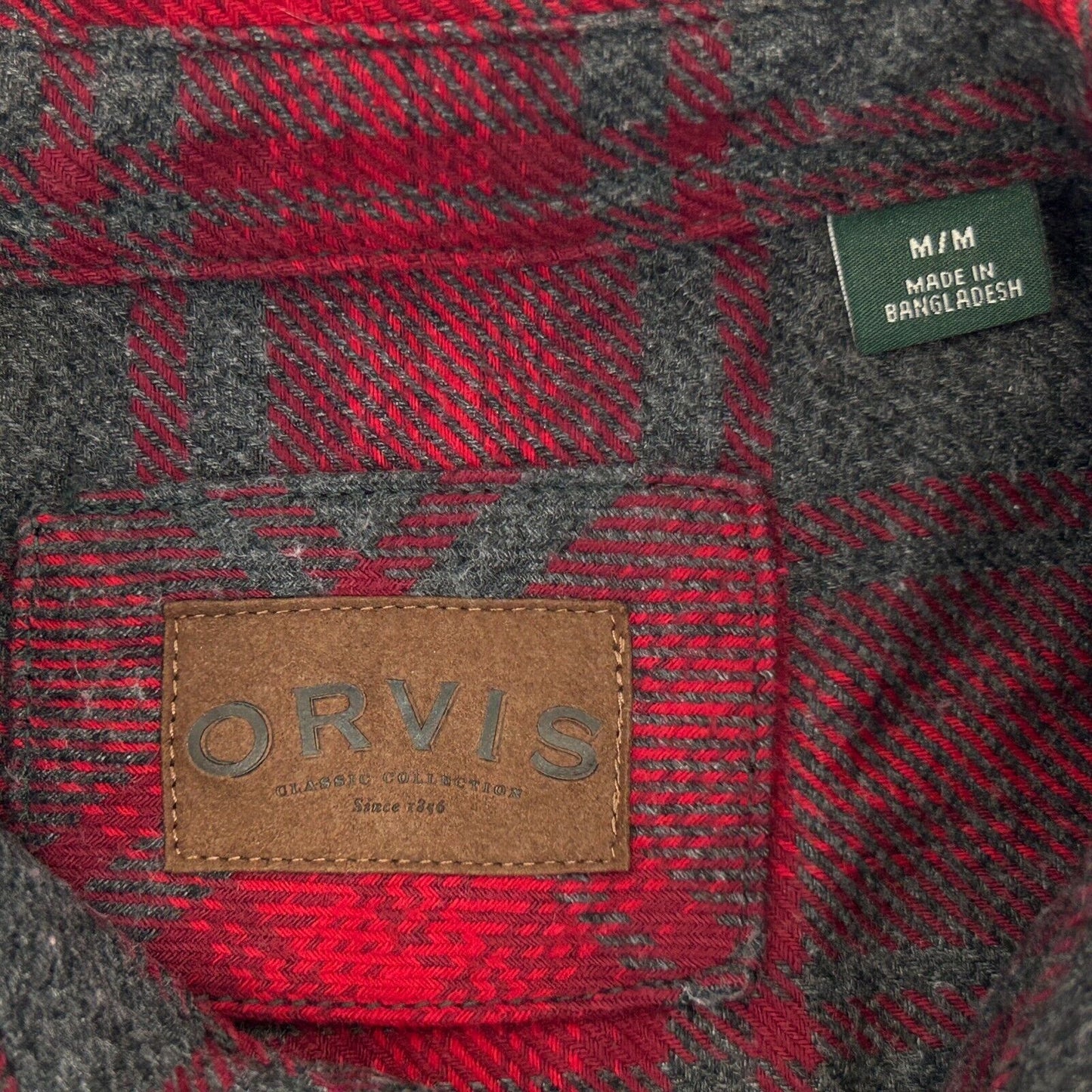 Orvis 格子重磅法兰绒衬衫夹克 中号 短袖 口袋 男式 红色