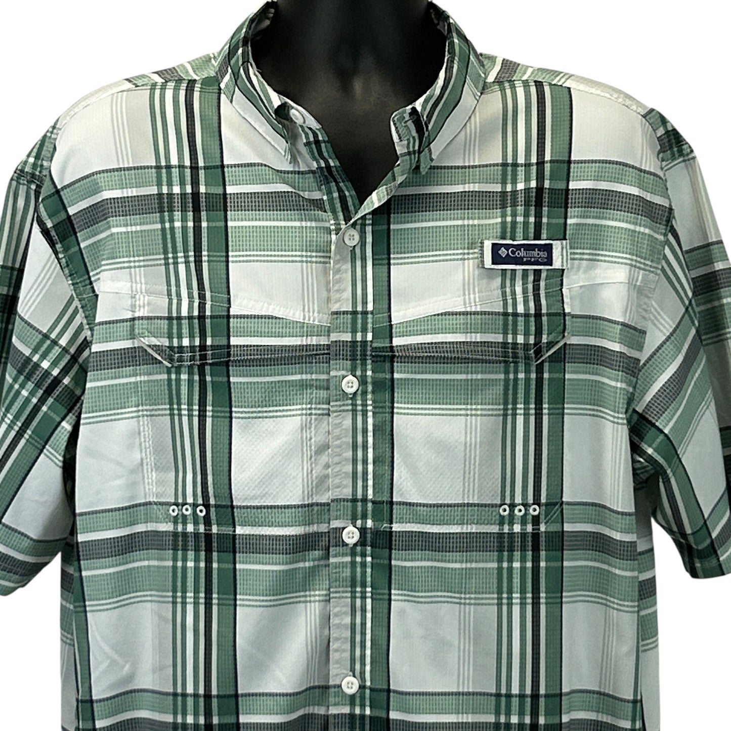 Columbia PFG Super Low Drag Button Front Shirt Fishing SS Plaid Green XL X-Large