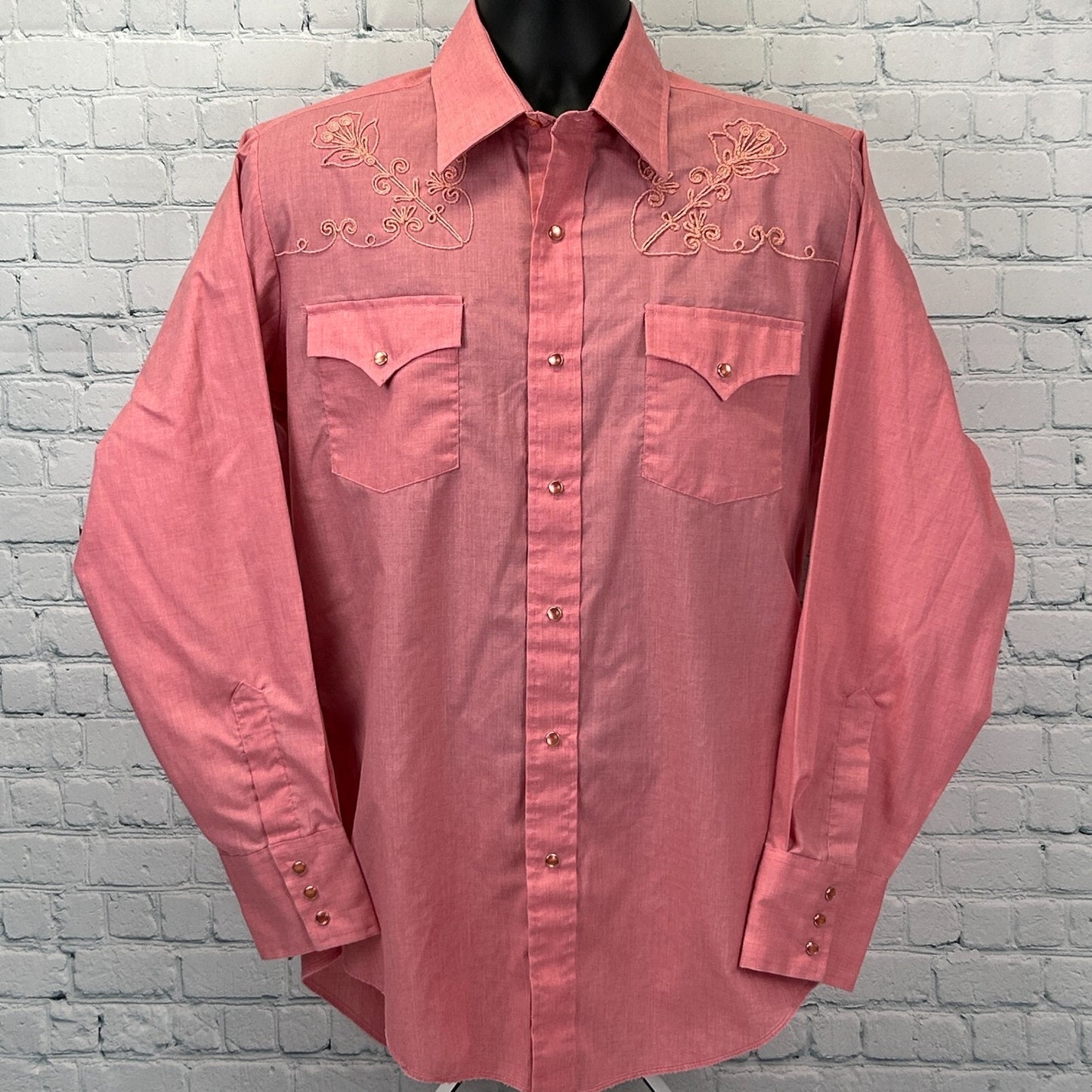 Vintage 70s Champion Westerns Pearl Snap Button Front Shirt Cowboy Pink M Medium
