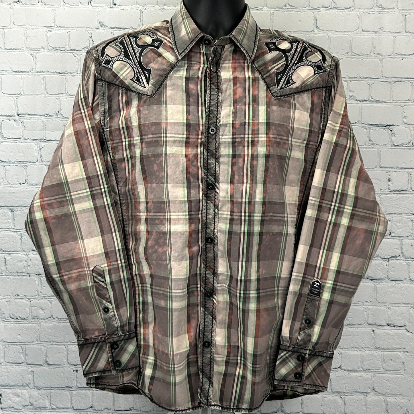 Roar x Buckle Button Front Shirt Cross Wings Long Sleeve Plaid Beige L Large