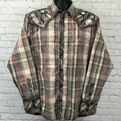Roar x Buckle Button Front Shirt Cross Wings Long Sleeve Plaid Beige L Large