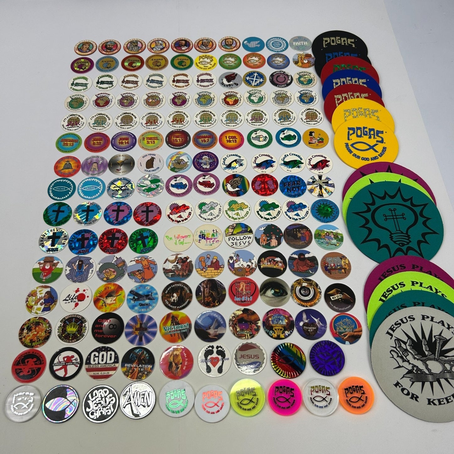 Vintage 90s Lot of 163 Christian Milk Caps Pieces Pogs Slammers Mats Jesus Bible