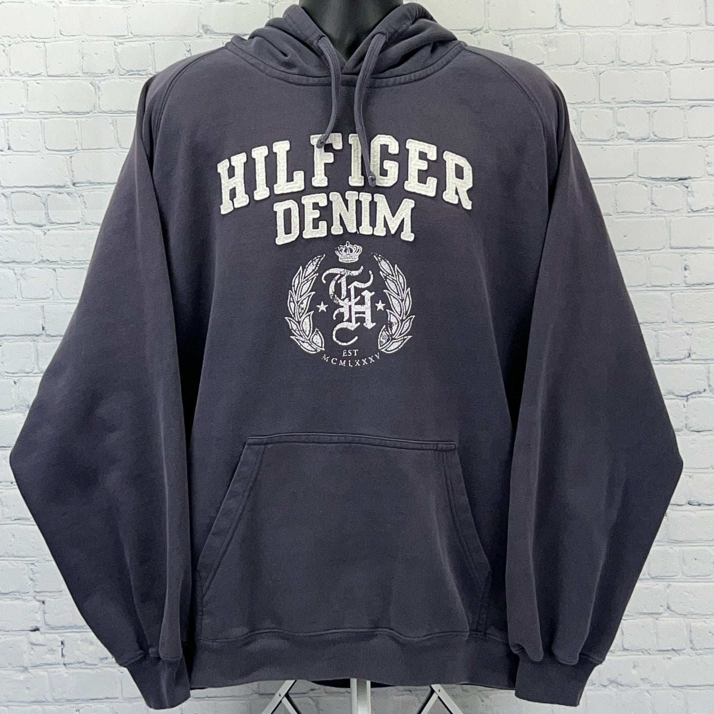 Tommy Hilfiger Denim Hoodie Hooded Sweatshirt Streetwear Gray Unisex 2XL XXL