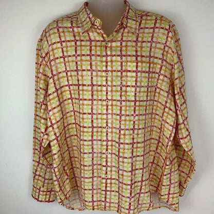 Tommy Bahama Relax Linen Button Front Shirt X-Large Plaid Mens Orange Red Yellow