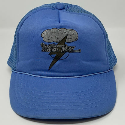 Gorra de béisbol estilo camionero vintage de los años 90 de Liez, color blanco, con cinco paneles de malla azul y cierre tipo snapback