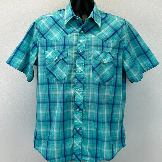 Wrangler Western Pearl Snap Shirt Mens Large Cowboy Button Front SS Plaid Blue