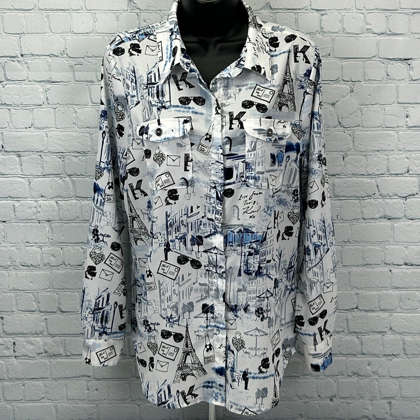 Karl Lagerfeld Paris Button Front Shirt Roll Tab White France Womens M Medium