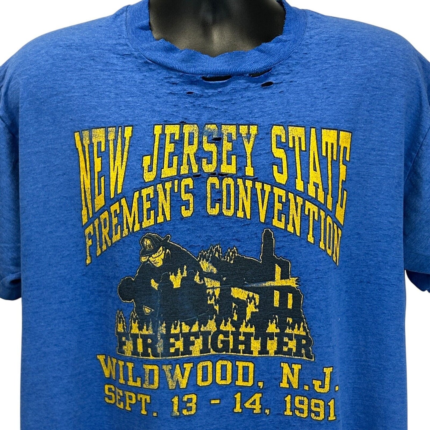 Vintage Distressed New Jersey Firemens Convention T Shirt Mens X-Large 90s Blue