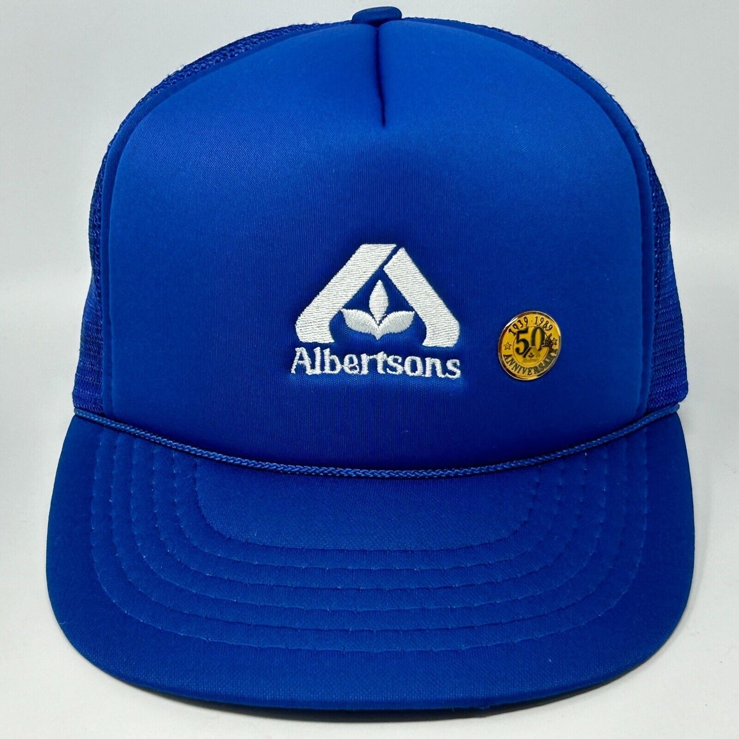 复古 Albertsons 卡车司机帽棒球帽 80 年代 50 周年纪念 1989 翻领别针蓝色