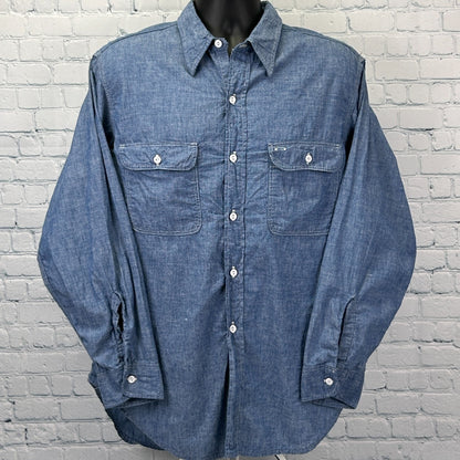Vintage 70s Orangutan Button Front Shirt Denim Chambray Chenille Blue XL X-Large
