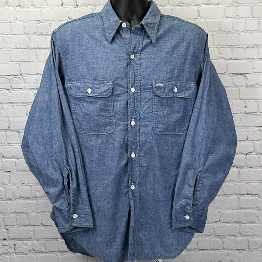 Vintage 70s Orangutan Button Front Shirt Denim Chambray Chenille Blue XL X-Large