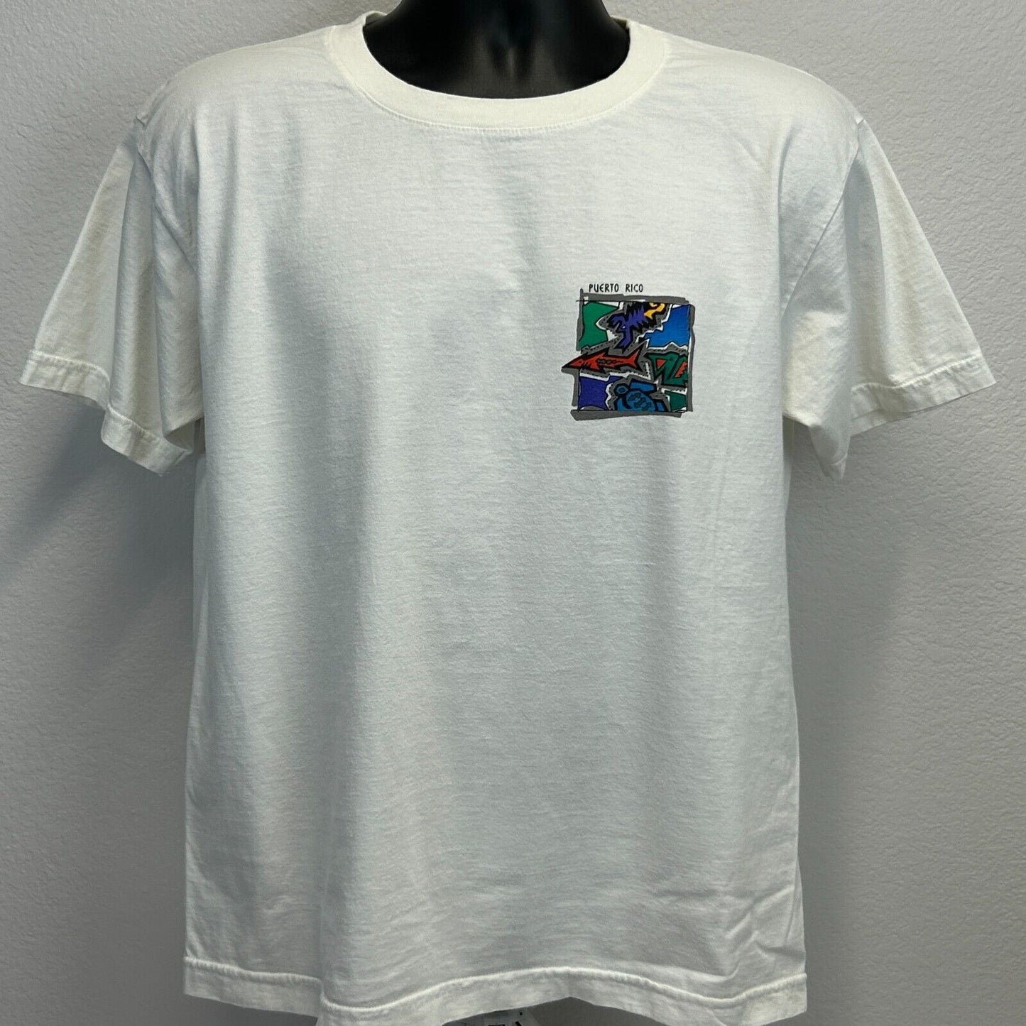 Camiseta vintage de tiburón de Puerto Rico, mediana, años 90, camiseta de turista caribeña para hombre, blanca