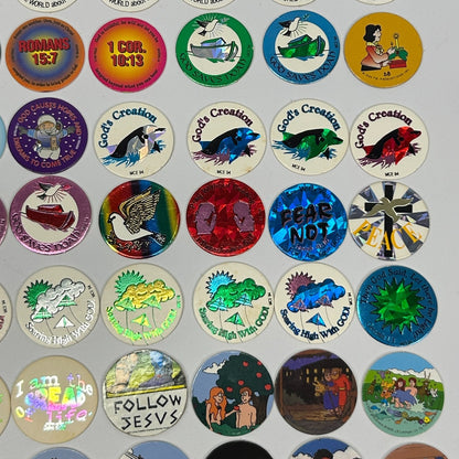 Vintage 90s Lot of 163 Christian Milk Caps Pieces Pogs Slammers Mats Jesus Bible