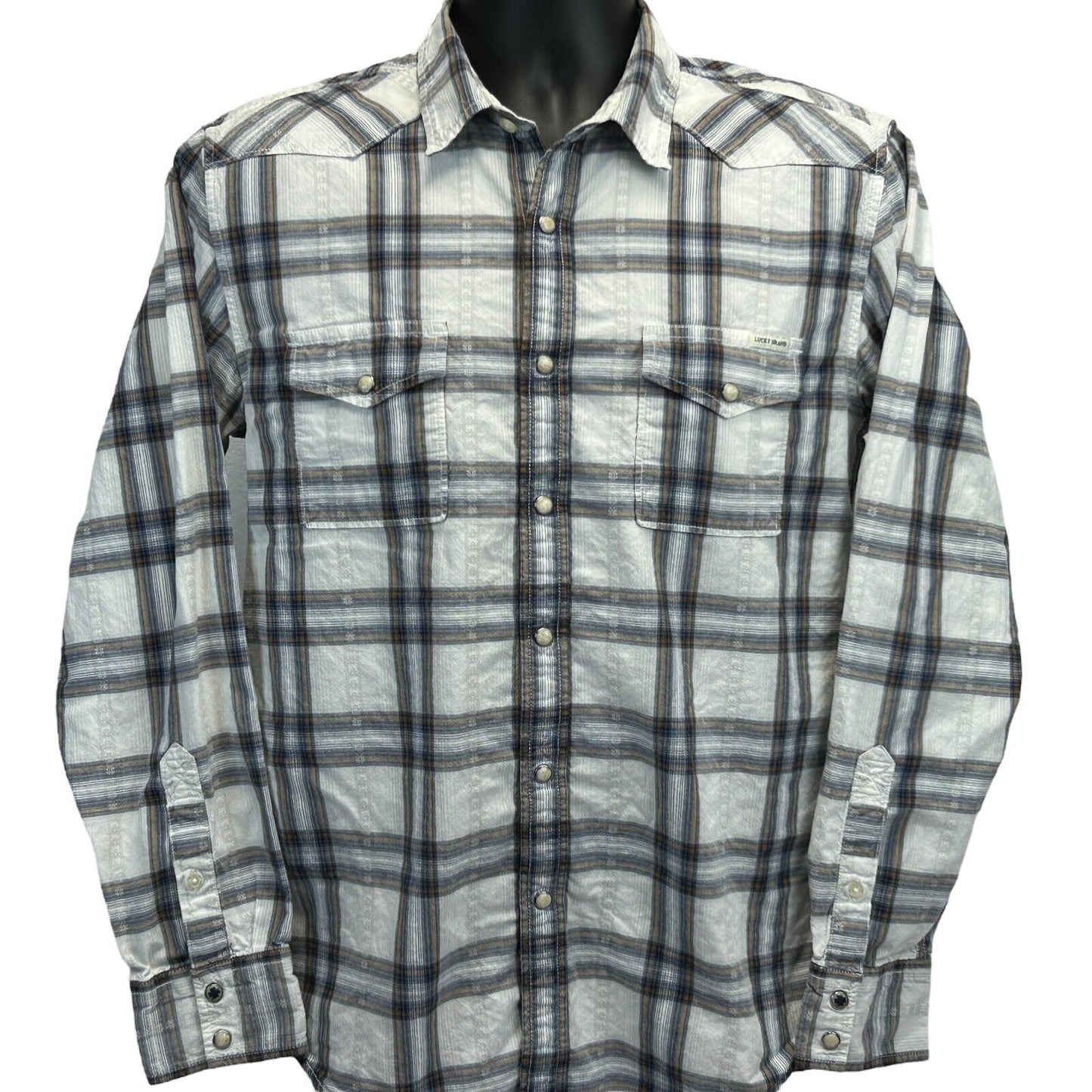 Lucky Brand Jeans Western Pearl Snap Button Front Shirt Medium Plaid Mens White