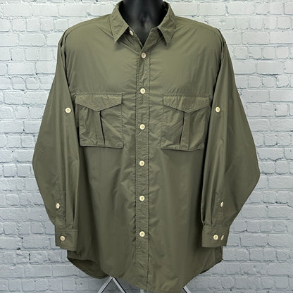 Orvis Button Front Shirt Long Fishing Roll Tab Sleeves Vented Green Mens L Large