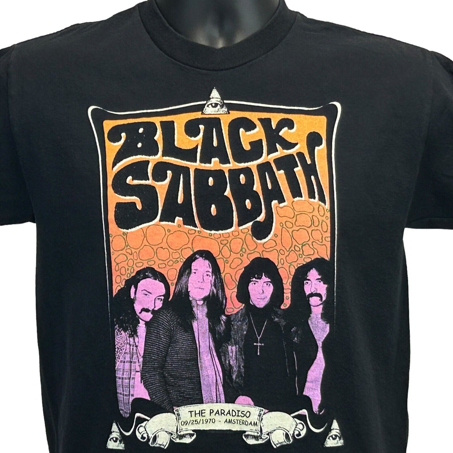 Camiseta negra para hombre The Paradiso Amsterdam de Black Sabbath, talla pequeña, concierto de 1970, estilo retro