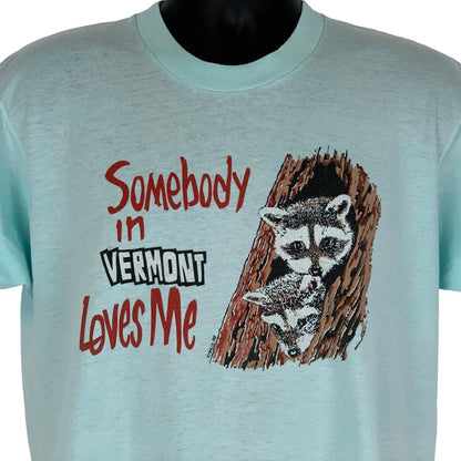 Somebody In Vermont Loves Me Vintage T Shirt Large 80s Raccoons USA Mens Blue