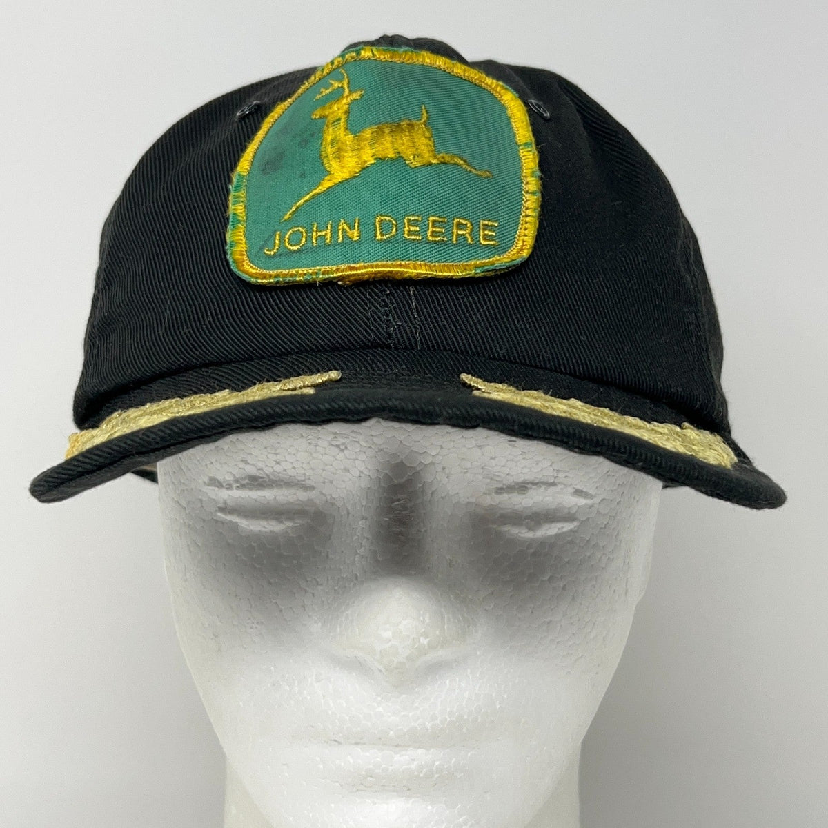Vintage John Deere Hat Baseball Cap Black USA Made Gold Leaf Tractor Distressed