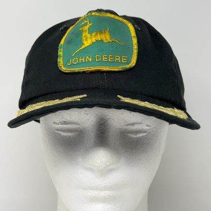 Vintage John Deere Hat Baseball Cap Black USA Made Gold Leaf Tractor Distressed