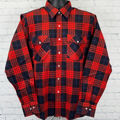 Vintage 90s Woodland Flannel Button Front Shirt L Large Red Plaid Long Sleeve