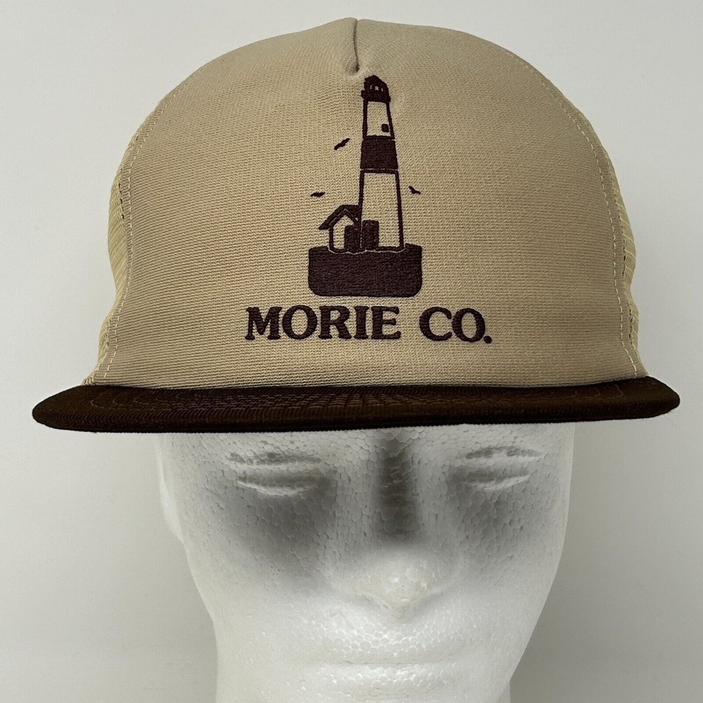 Vintage The Morie Company Trucker Hat Baseball Cap Lighthouse Snapback Beige