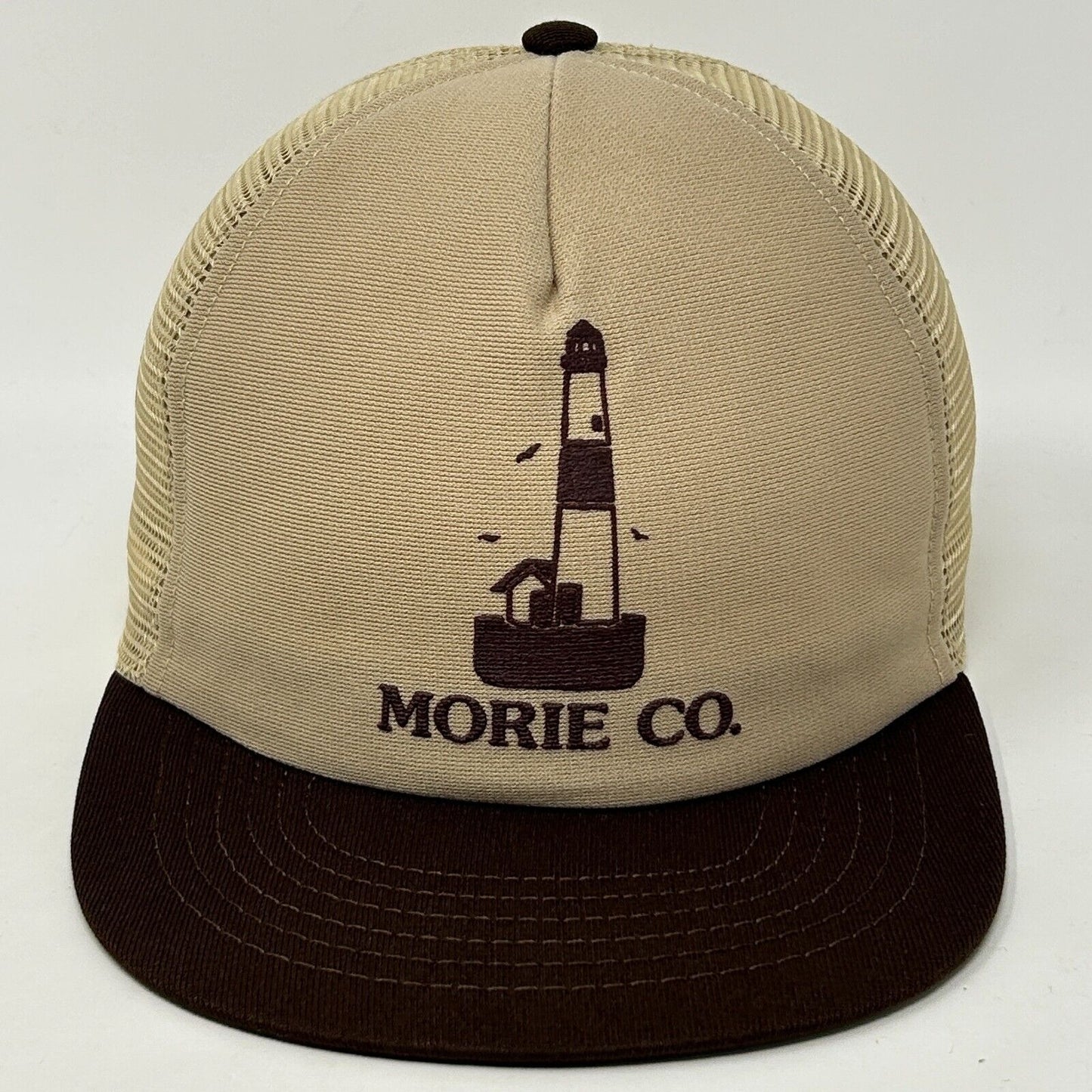 Vintage The Morie Company Trucker Hat Baseball Cap Lighthouse Snapback Beige