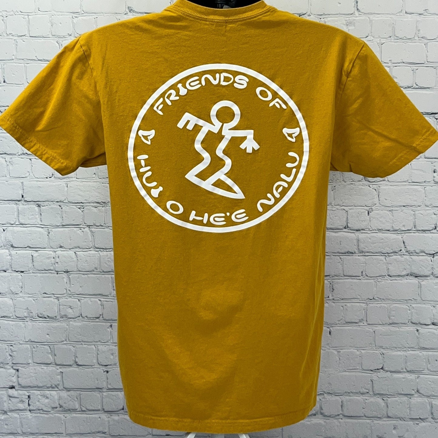 Da Hui Yellow T-Shirt in Large featuring Friends of Hulo Hee Nalu logo on the back