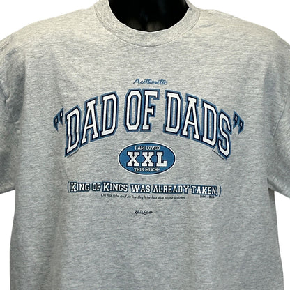 Gray XXL T-shirt featuring 'Dad of Dads' and 'Jesus, King of Kings' text on the front