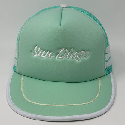 Vintage San Diego 3 Stripe Trucker Hat Cap Green 80s California Mesh Snapback