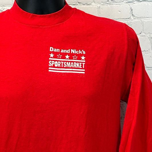 Red Hanes Houston Long Sleeve T-Shirt featuring white Sportsmarket logo on front