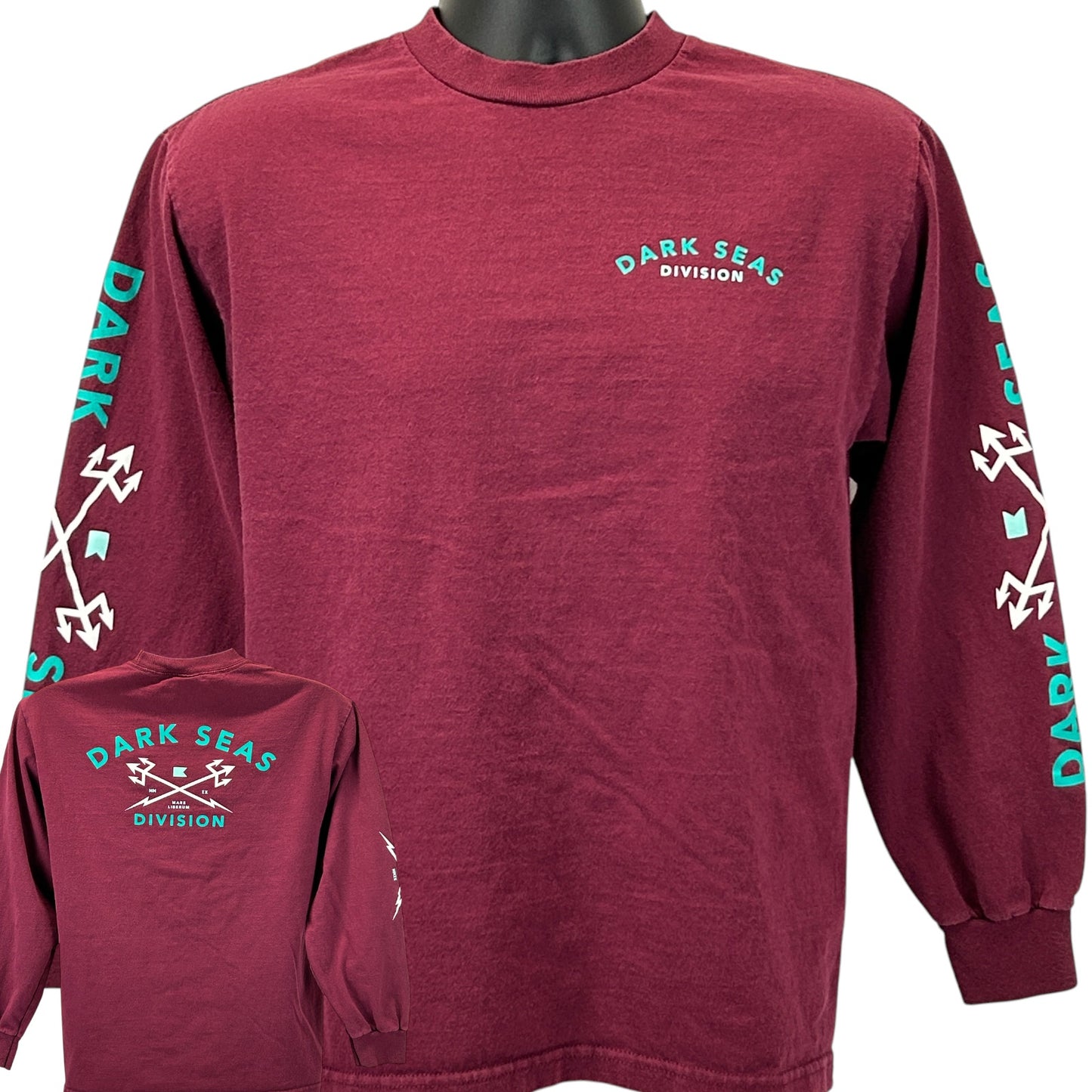 Dark Seas Division Long Sleeve T-Shirt in Burgundy with Front and Back Logo Details