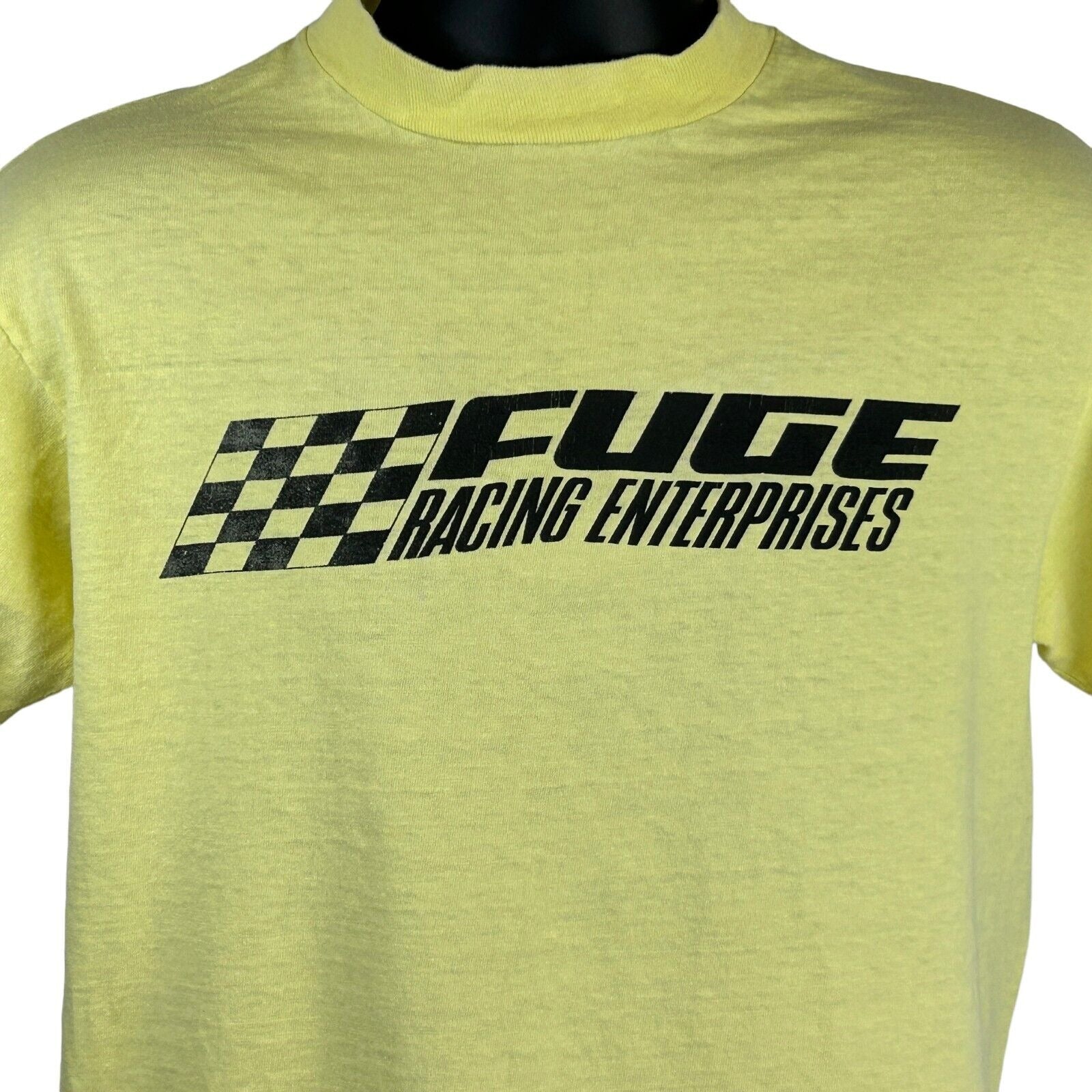 Yellow Hanes T-shirt in medium with front view showing Dave Fuge Racing logo and checkered design