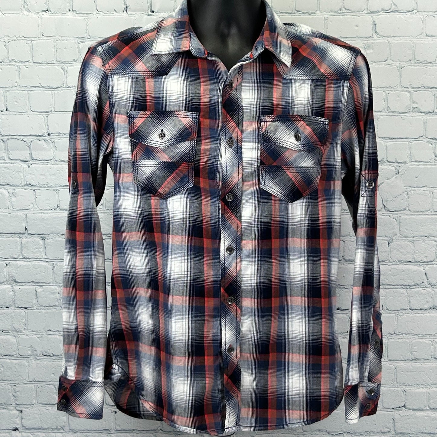 Rock & Republic Button Front Shirt Roll Tab Long Sleeve Plaid Red Mens S Small