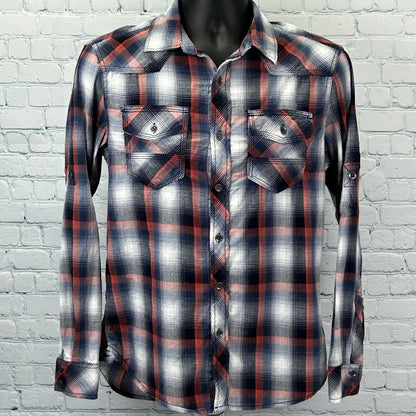 Rock & Republic Button Front Shirt Roll Tab Long Sleeve Plaid Red Mens S Small