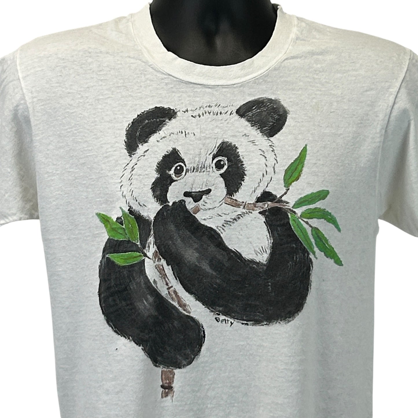 Vintage 80s Distressed Giant Panda Bear T Shirt Hand Painted White Tee S Small