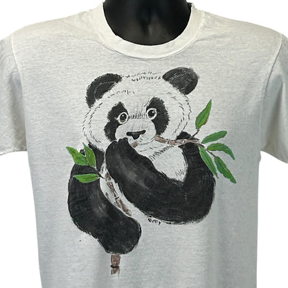 Vintage 80s Distressed Giant Panda Bear T Shirt Hand Painted White Tee S Small