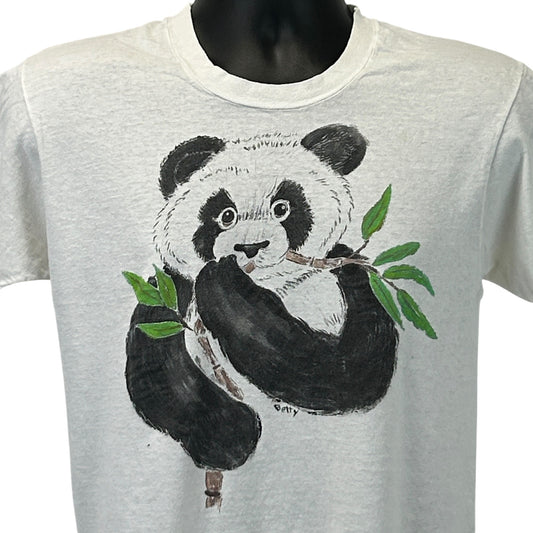Vintage 80s Distressed Giant Panda Bear T Shirt Hand Painted White Tee S Small
