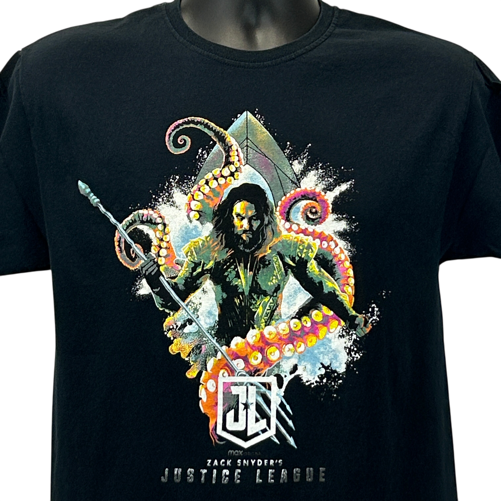 Front view of a black Aquaman T-Shirt featuring a colorful graphic of Aquaman with an octopus design