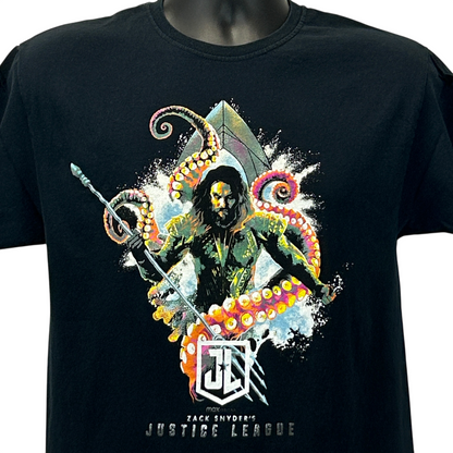 Front view of a black Aquaman T-Shirt featuring a colorful graphic of Aquaman with an octopus design