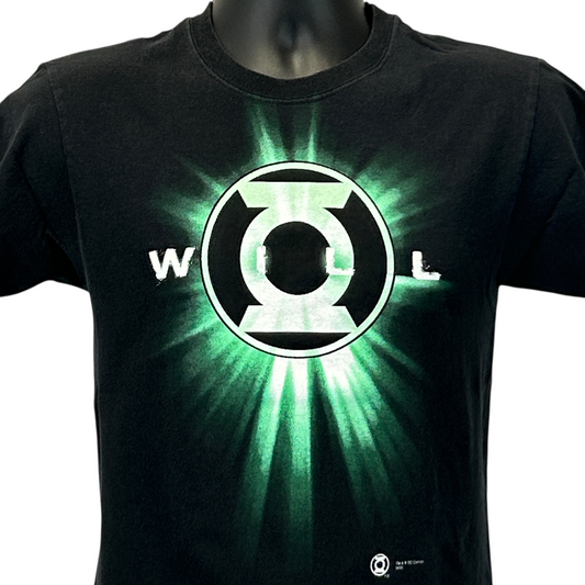 Black Hanes T-Shirt featuring a Green Lantern logo with a glowing green design on the front