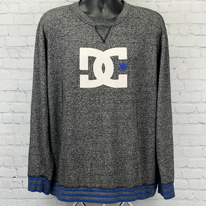 DC Shoes Gray Long Sleeve Sweatshirt with Large Logo and Blue Trim at Hem