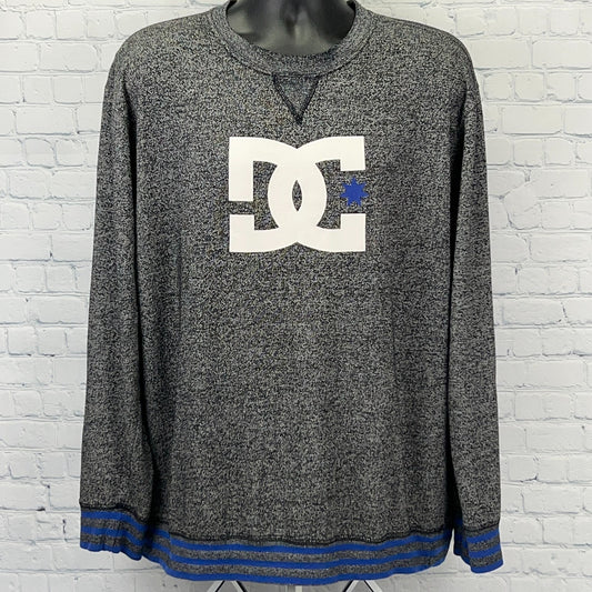 DC Shoes Gray Long Sleeve Sweatshirt with Large Logo and Blue Trim at Hem